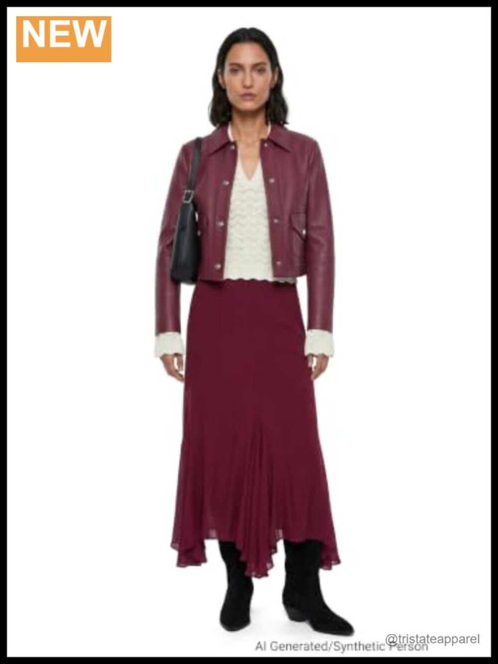 Structured Leather Jacket with Tulip Sleeves, Button Closure
